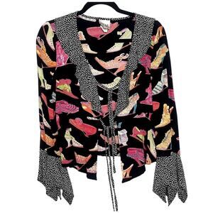 Y2K FLM Limited High Heel Graphic Ruffle Polka Dot Trim Tie Front Cardigan Sz M